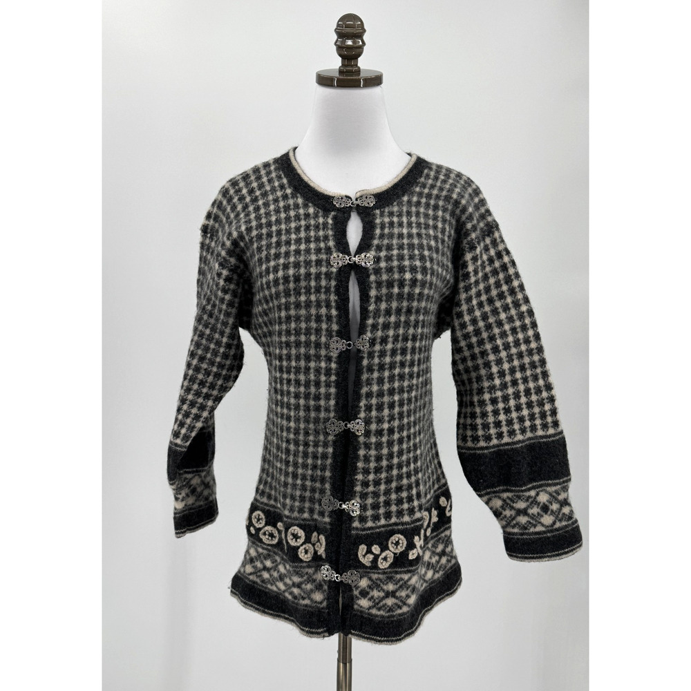 Vintage No Problem Womens Black Herringbone Shetland Wool Cardigan Sweater M/L